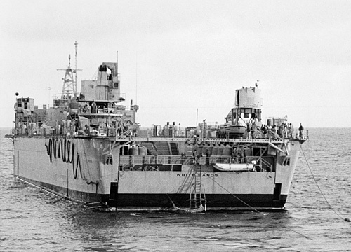 USS White Sands (AGDS 1) in August 1972 after releasing the bathyscaph Trieste II for a dive.
